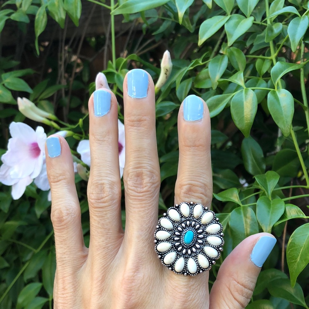 Cream + Turquoise Boho Flower Statement Ring - image 2